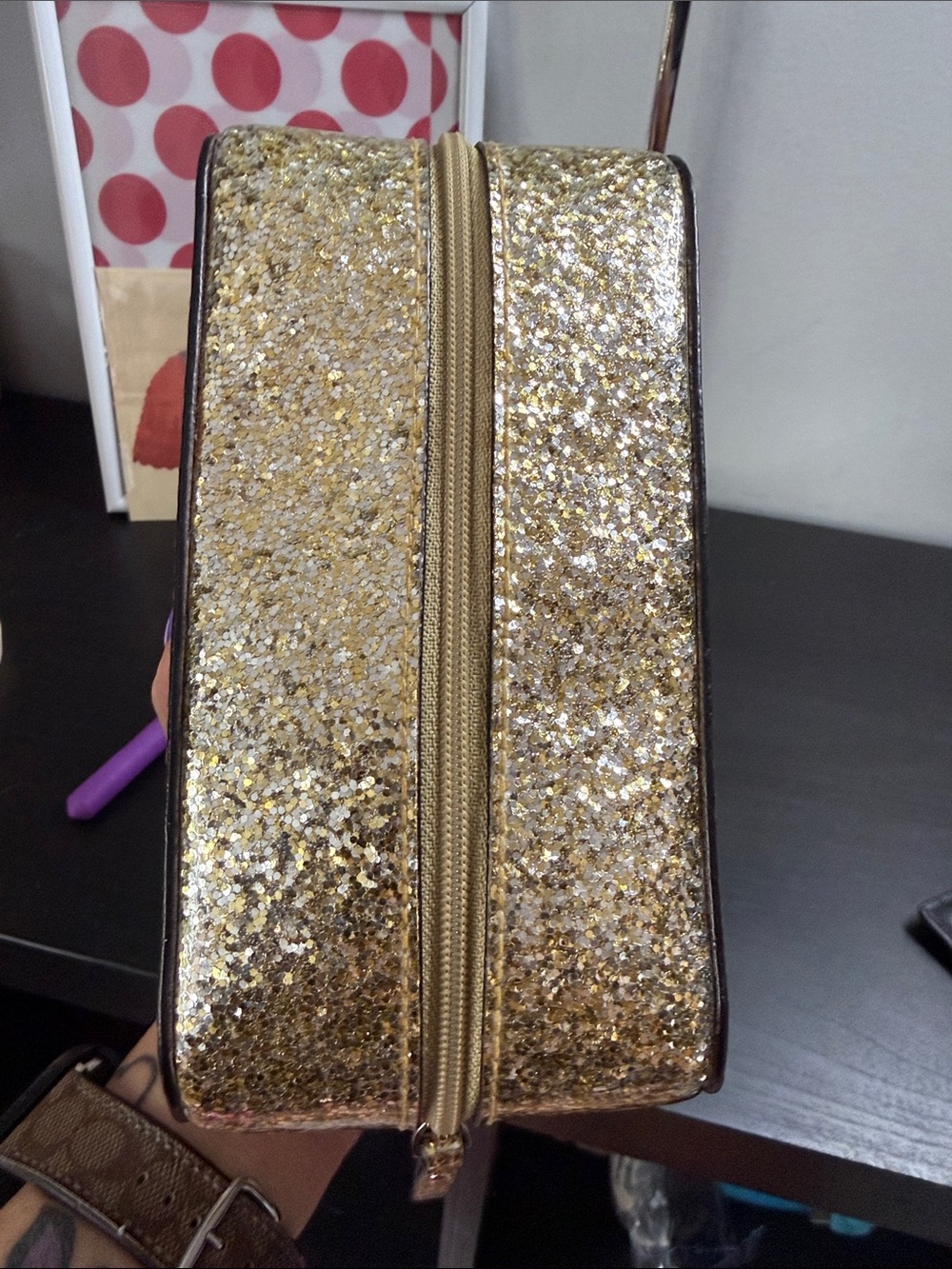kate spade gold glitter cosmetic pouch - Picture 6 of 7